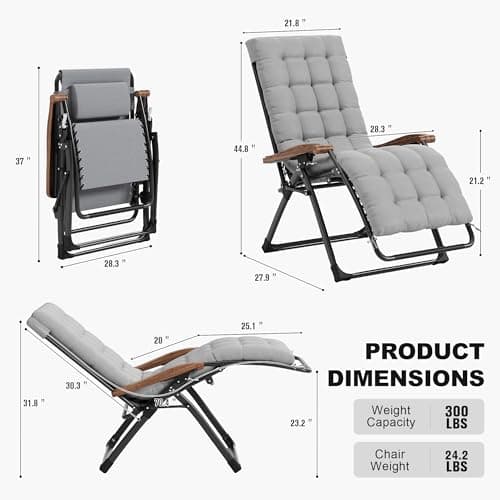 PURPLE LEAF Oversized Outdoor Reclining Chair Patio Zero Gravity Chaise Lounge Folding Chair with Removable Cushion Adjustable Headrest for Lawn Camping Beach Pool Grey - Thumbnail 2