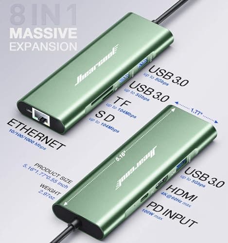 Hiearcool USB C Hub, 8 in 1 USB C Hub Multi-Port Adapter with Gigabit Ethernet, USB C to 4K@60Hz HDMI Dock Dongle for MacBook Pro Air M1 M2 and Type C Laptops-Green - Thumbnail 5