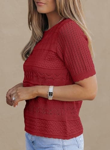 Dokotoo Women's Boho Hollow Out Knit Top Short Sleeve Crew Neck Sweater Cute Crochet Pullover Blouse Red Sweaters XL - Thumbnail 3