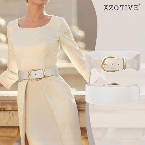 XZQTIVE Women Wide Elastic Waist Belt for Dresses Fashion Cinch Belts Stretchy Waistband with Gold Buckle, White(Fit Waist Size 34"-37") - Thumbnail 4