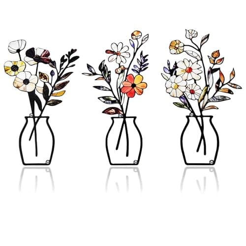 ArtCachet 3-Piece Metal Floral Wall Art - Bathroom Arts & Modern Farmhouse Decor,Home Wall Decors Sculptures for Living Room, Dining Room, Bedroom Wall Decorations & Housewarming Gift(Beige -3)