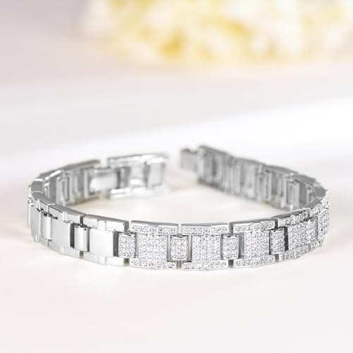 TRENDOLLA Mens Stainless Steel Bracelet, 7.5/8 inches Dainty Hiphop Cuban Link Chain Bracelet White Gold and 14K Gold Plating (Style04-White Gold) - Thumbnail 4