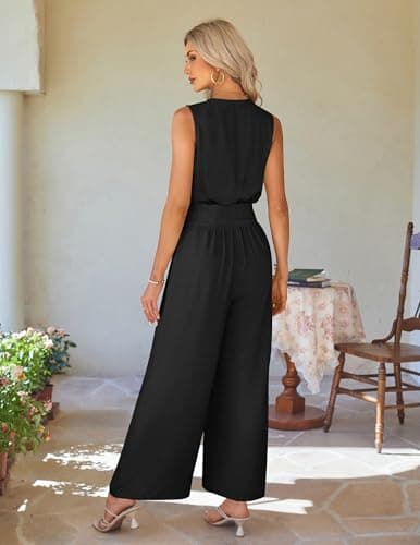 LOOKBOHO Women Jumpsuit Fashion Dressy One Piece Outfits Summer Sleeveless V Neck Rompers Casual Wide Leg Pants(B,XXL) - Thumbnail 3