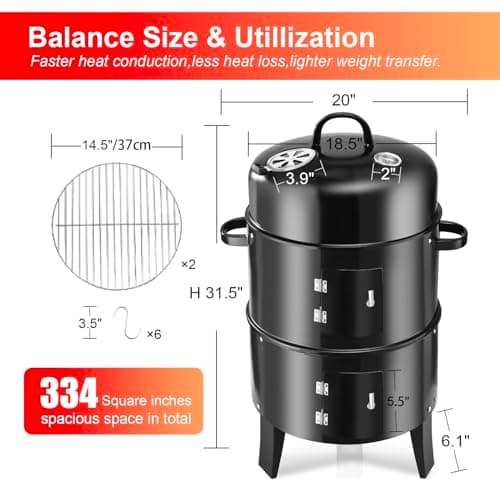 RYHOFOUD Vertical 19Inch Round Charcoal Smoker Grill,Heavy-Duty BBQ Smoker for Outdoor Smoking Multi-Layer Pellet Ideal for Meats-Offset Charcoal Grill with Thermometer,Black - Thumbnail 2