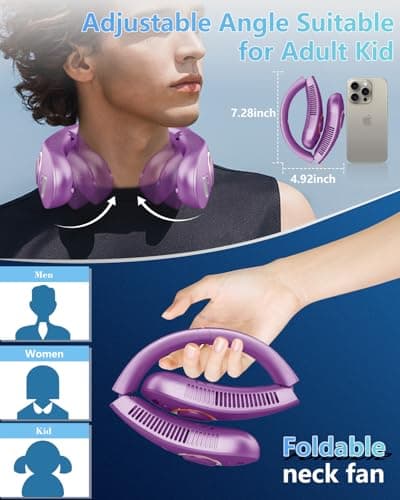 Portable Neck Fan Rechargeable,Bladeless Misting Fan Around Neck Fans that Blow Cold Air,Wearable Cooling Fan Mister Over the Neck,Headband Mobile Nevk Cooler Best Gifts for Women Men Adults Purple - Thumbnail 3