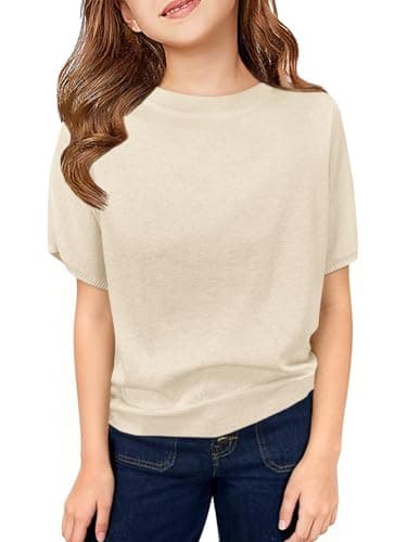 ZDC Girls' Lightweight Knit Top Short Sleeve Cute Spring Summer Sweater for School Holiday Uniform Beige - Image 1