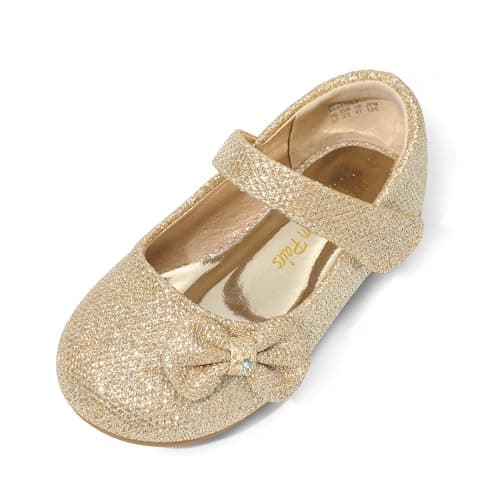 DREAM PAIRS Toddler Girls Dress Shoes Mary Jane Flats, Girls School Uniform Flats Bow Ballerina Shoes,Size 11 Little Kid,Gold/Glitter,Angel-5 - Image 1
