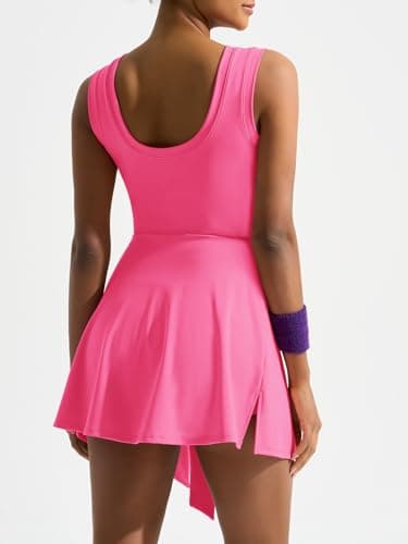 Dokuritu Athletic Dress for Women Built in Shorts Sleeveless High Neck Tennis Skort Dresses Backless Knot Workout Sarong Romper Rose Red - Thumbnail 2