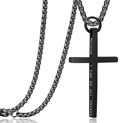Rehoboth Cross Pendant Necklaces for Men Women Philippians 4:13 Bible Verse I Can Do All Things Stainless Steel Chain 16/20/24/28 Inchs (20 inchs,Black) - Image 1