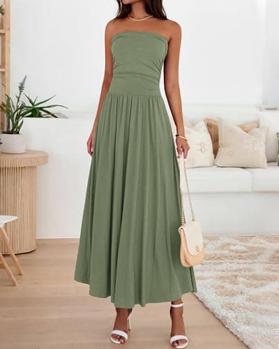 BTFBM Summer Maxi Dresses for Women 2026 Strapless Ruched Tube Top Beach Vacation Spring Wedding Guest Dress Pockets(Green, X-Large) - Thumbnail 2