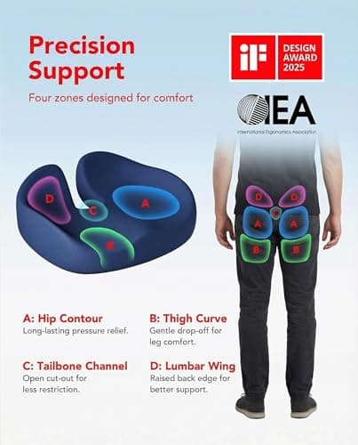 HUANUO Ergonomic Seat Cushion for Office Chair, Extra Large Car Seat Cushion, Tailbone and Back Support, Cooling Gel Enhanced, 4-Zone Pressure Relief Chair Cushions for Office, Car, Wheelchair - Thumbnail 3