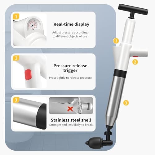 VEUIEIZT Toilet Plunger, Drain Clog Remover, Plungers for Bathroom, High-Pressure Air Drain Blaster with Real-Time Barometer Powerful Heavy Duty Toilet Snake for Sink, Floor, Kitchen Clogged - Thumbnail 3