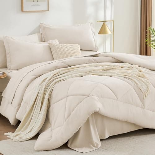 FUANNA 7 Pieces King Size Comforter Set, All Season King Comforter Set, Luxury Soft King Bedding Set with Comforter, Flat Sheet, Fitted Sheet, Pillowcases & Pillow Shams, Beige - Image 1