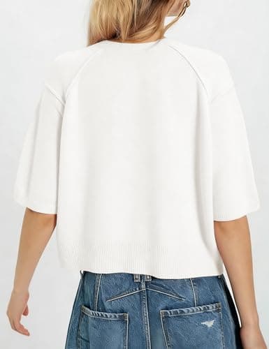 AMEBELLE Cropped Cardigan for Women Short Sleeve Ribbed Knit Button Up Shirt Lightweight Crewneck Casual Sweaters Tops (2668-Apricot-S) - Thumbnail 3