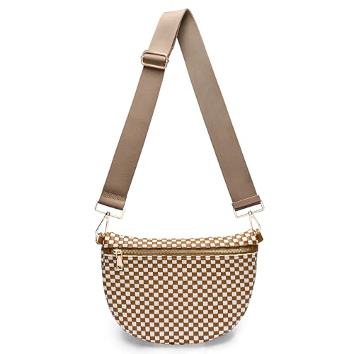WOOMADA Checkered PU Bum Bag Sling Purse with Adjustable Strap for Travel(Brown White Check) - Image 1