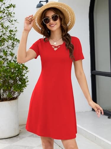 KORSIS Women's Midi Dresses Summer Casual T-Shirt Short Sleeve Criss Cross V Neck Swing Soft Loose Beach Party Vacation midi Soild Dress with Pockets (S-2XL) Red - Thumbnail 3