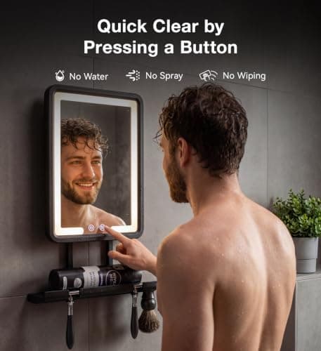 Shower Mirror Fogless for Shaving with Light - Heated Anti Fog Bathroom Mirror Razor Holder Recharegable 5000mAh Battery 3 Colors Dimmable Adhesive Wall Mount Shower Accessories Gift for Men(Black) - Thumbnail 2
