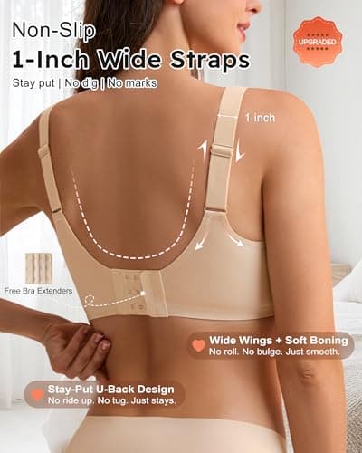 leviace Wireless Jelly Bras for Women with Support - Anti-Slip Wide Straps Push Up Full Coverage Plunge Seamless Padded T-Shirt Bralette No Underwire Soft Invisible Back Smoothing Sleep Bra, Nude, XL - Thumbnail 2