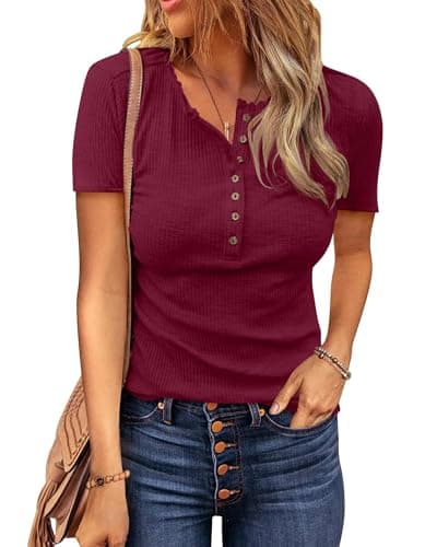 BTFBM Womens Tops 2026 Summer Top Henley V Neck Short Sleeve Button Slim Fit Casual Ribbed Shirts Blouses Spring Outfits(Wine Red, X-Large) - Image 1