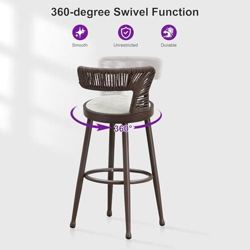 PURPLE LEAF Outdoor Swivel Bar Height Stools Set of 2 Metal Modern Wicker Bar Chairs with Back Aluminum Woven Barstools with Cushions for Kitchen Balcony Garden Indoor Brown - Thumbnail 4