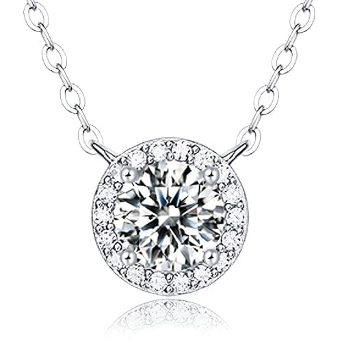 Moissanite Halo Pendant Necklace for Women, 18K Gold Plated 925 Sterling Silver, 1-3CT Lab-Created Diamond D Color VVS1 Round, Hypoallergenic Moissanite Pendant Necklace, Valentines Anniversary Jewelry for Wife (Round Halo, 18K White Gold Plated S925, 1CT) - Image 1