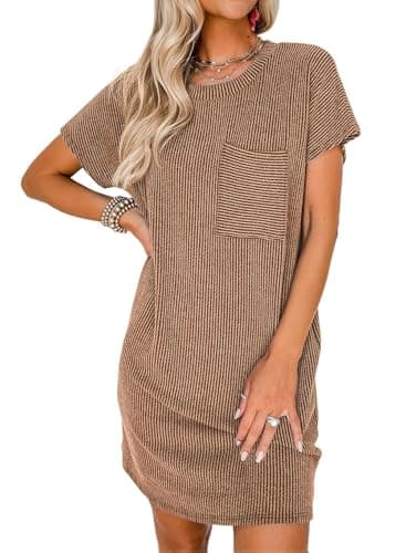 Acelitt Womens Plus Size Casual Summer Dresses 2026 Fashion Crewneck Short Sleeve Trendy Loose Vacation Beach Ribbed Tunic Tshirt Dress Red XXL - Image 1