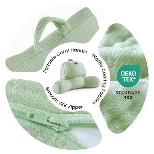 Amélie Home Premium Cooling Waffle Reading Pillow, Qmax>0.37 Ergonomic Backrest Support with Pocket & Handle, Breathable Lounging Pillow for Bed Sofa Floor Summer, 17 Inches, Sage Green - Thumbnail 6