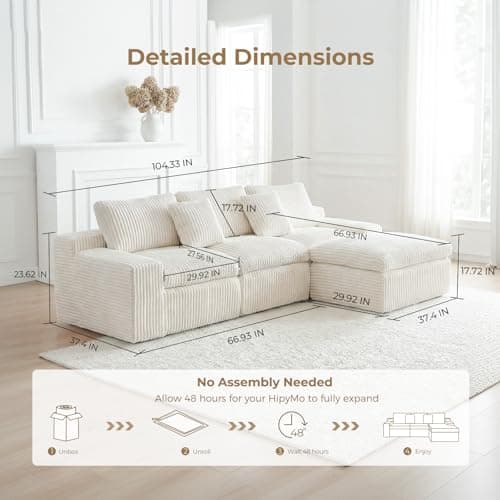 HipyMo 105" L-Shaped Boneless Cloud Couch, Modular Sectional Sofa with Ottoman and Extra-Wide Armrests, Deep Seat Sectional Couches for Living Room, High-Density Foam, No Assembly Required, Beige - Thumbnail 2