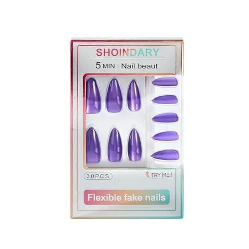 Cat Eye Press on Nails Medium, Fashion Purple Glitter Press on Nails, Soft Gel Fake Nails, Reusable & Natural Acrylic False Nails, Stick on Nails for Women Gift, Glue on Nails Kit 30 Pcs - Thumbnail 5