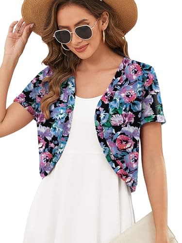 Heymoments Women's Short Sleeve Shrugs Floral Large Lightweight V-Neck Open Front Cropped Cardigan Knitted Bolero Sweaters Elegant Dresses Cover Up - Image 1