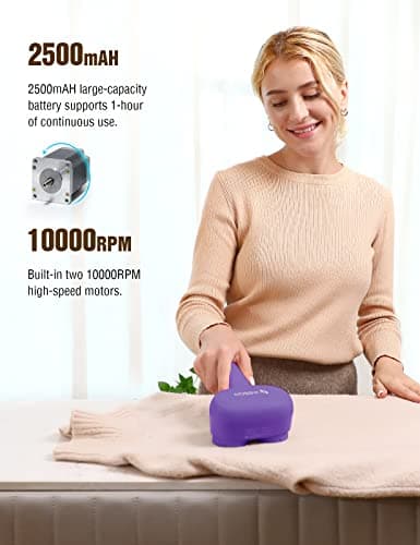 VASSON Fabric Shaver, Electric Lint Remover, Rechargeable Lint Shaver, Sweater Shavers to Remove Pilling, Large Fuzz Remover for Clothes Couch Furniture (Purple) - Thumbnail 3
