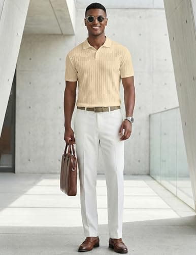 JMIERR Mens Fashion Polo Shirt Spring Short Sleeve Vacation V Neck Dress Shirts Beach Knit Men Gift, L, Yellow - Thumbnail 3