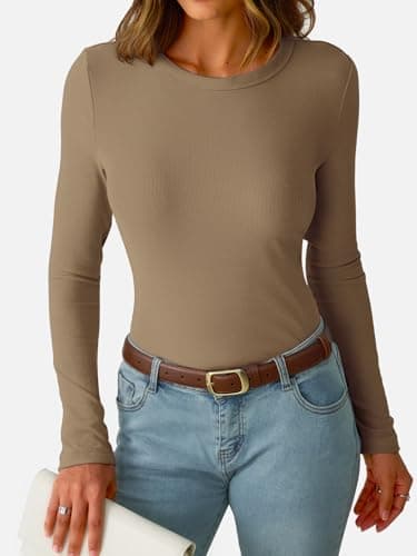 GKBK Ribbed Long Sleeve Shirts for Women Fitted Basic Tight T-Shirts Crewneck Cute Layering Tops Lightweight Fall Sweaters 2026 Fashion Clothes Outfits Light Khaki - Thumbnail 3