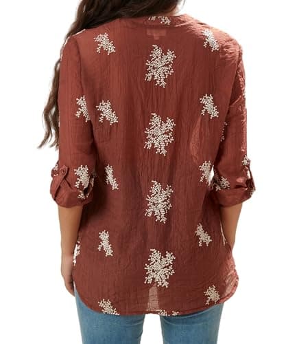 Women's Long Sleeve Sheer Floral Embroidered See Through Button Down Blouse Lightweight Boho V Neck Shirts X-Large YG010 Wine Red XL - Thumbnail 5