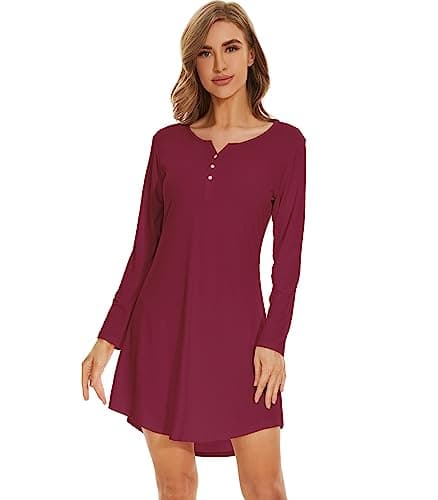 WiWi Women's Viscose from Bamboo Nightgown Long Sleeve Nightshirt Soft Sleep Dress V-neck Loose Comfy Pajama S-XXL, Wine, X-Large - Image 1