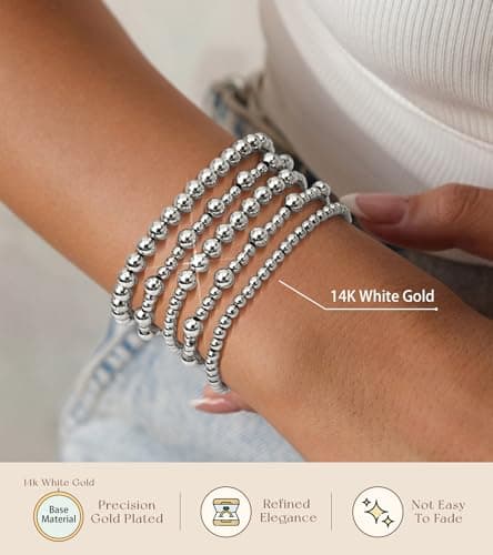 adoyi Silver Bracelets for Women Beaded Bracelet 14K Gold Plated Bracelet Stack Strand Stretch Bead Ball Bracelet Set Stackable Bracelet Adjustable Bracelet Set Jewelry for Women 6.8 inches - Thumbnail 5