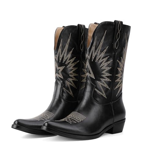 QIV Black Mid Calf Boots for Women Short Western Cowgirl Boots With Star Embroidery Pointed Toe Low Heel Easy Pull-On Fit Size 8 - Image 1