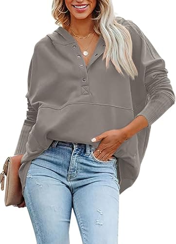 PRETTYGARDEN Women Long Sleeve Casual Button V Neck Hoodies Oversized Sweatshirt Hooded Tops with Big Pockets (Grey,X-Large) - Thumbnail 2