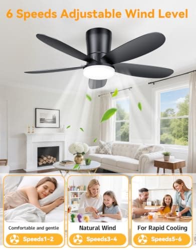DABOUHORS Ceiling Fans with Lights, Low Profile 42-Inch Modern Small Ceiling Fan for Bedroom Indoor Outdoor - Dimmable Fans with Timer Remote Control Flush Mount Reversible 5 Blades 6 Speeds, Black - Thumbnail 2