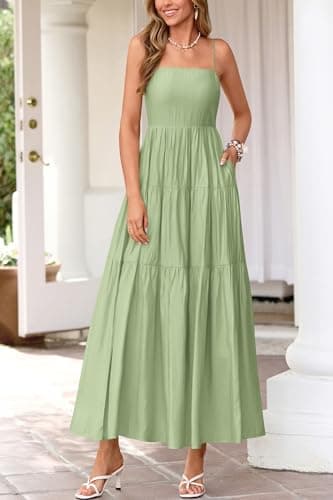 Okiwam Women's Summer Dress 2026 Casual Boho Sleeveless Spaghetti Strap Smocked Maxi Dress Ruffle Long Beach Sundresses-XXL Light Green - Thumbnail 4