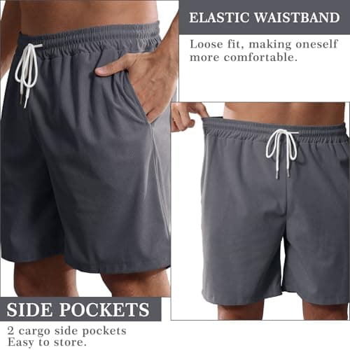 Kfnire Mens Corduroy Shorts Cotton Blend Lightweight Soft Summer Shorts Elastic Waist Beach Casual Short for Men with Pockets Darkgrey - Thumbnail 4