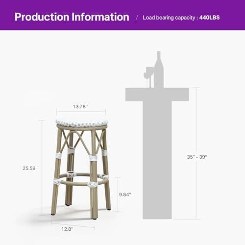PURPLE LEAF Patio Round Counter Height Stool Set of 2 Outdoor Backless Barstools Aluminum Frame in Champagne Finish with White & Gray Woven Rattan for Indoor Kitchen Dining Bistros Cafe Restaurant - Thumbnail 2