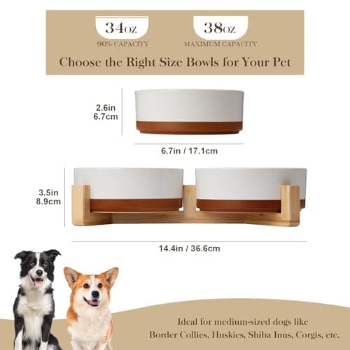 MALACASA Ceramic Dog Bowls Set with Wood Stand, 3.5 Cups Pet Bowls for Medium Dogs with Non-Slip Base, Large Puppies, Cats, Retrievers, ect.Pet Food & Water Basic Bowls Set, Weighted Glaze Matte.34 OZ - Thumbnail 2