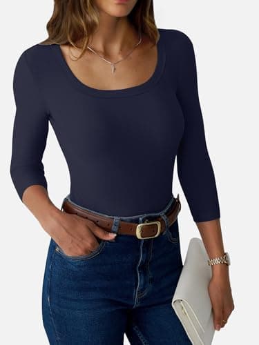 GKBK Womens 3/4 Sleeve Scoop Neck Tops Ribbed Knit Slim Fitted Casual Basic Tee Shirts 2026 Summer Fashion Trendy Work Casual T-Shirt Workout Outfits Thermal Undershirts Clothes Navy Blue S - Thumbnail 3
