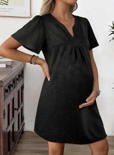 BLENCOT Womens Summer Chic Loose Dress Split V Neck Flutter Short Sleeve Embossed Textured Casual Swing Mini Dress Black XL - Thumbnail 6