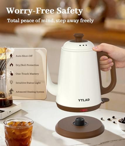 YTLAD Gooseneck Electric Kettle 1L, 1000W Fast Boiling for Pour-Over Coffee & Tea, 304 Stainless Steel BPA-Free, Precise Flow Spout, Auto Shut-Off & Boil-Dry Protection, Retro Style (White) - Thumbnail 6
