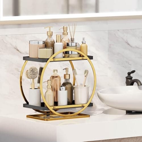 YIWANFW Makeup Organizer for Vanity, Black Gold Perfume Organizer for Dresser, 2-Tier Bathroom Countertop Organizers, Bathroom Counter Shelf Skincare Holder Perfume Tray Cosmetic Display - Thumbnail 2