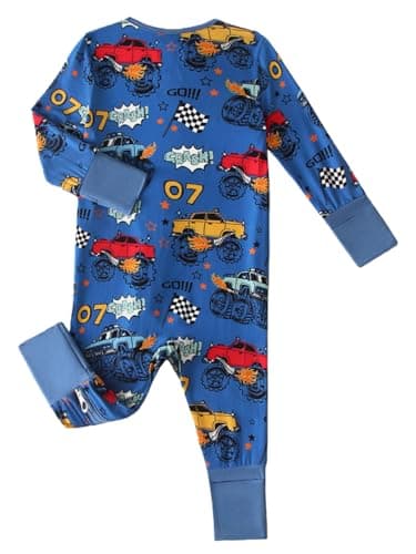 Joonberry Unisex Baby Bamboo Viscose Long Sleeve Romper, Cute Prints Zipper Footless Jumpsuit, Toddler One-Piece Outfits(Blue Racing Car, 12-18M) - Thumbnail 2