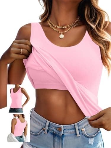 Ninee Womens Built in Bra Tank Tops Summer Casual Cami Tanks Wide Strap Scoop Neck Camisole Top (Pink,X-Small) - Image 1