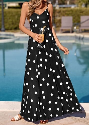 KIRUNDO Polka Dot Dress for Women Summer 2026 Sleeveless Spaghetti Strap Beach Vacation Cruise Boho Long Flowy Maxi Dresses(Black, XX-Large) - Thumbnail 2